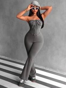 SHEIN ICON Women's Casual Washed Criss-Cross Bandeau Denim Jumpsuit - Grey - View 3