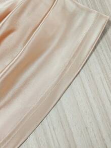 SHEIN Franclia 纯色亮面修身褶皱圆领女式T恤 - 香檳色 - 查看 5