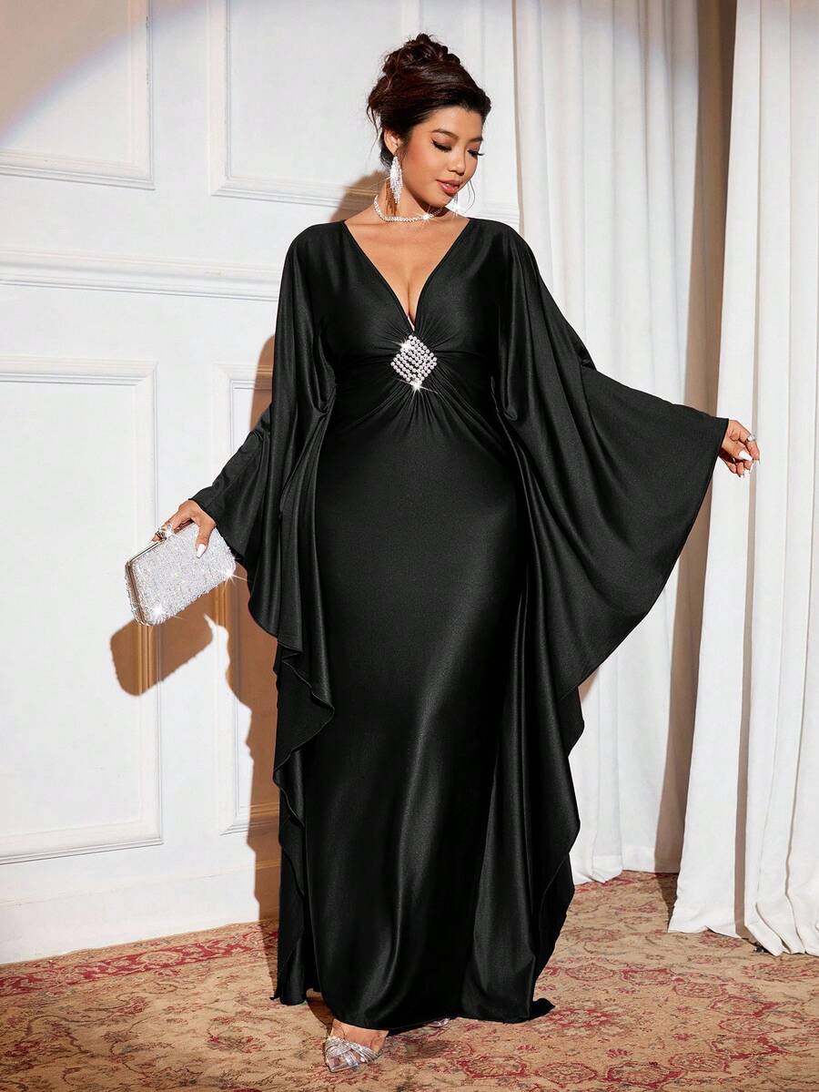 Cravure Vestido largo de fiesta/banquete de punto con escote en V profundo, decoración de cuentas y volumen, talla grande, color borgoña - Negro - Ver 1