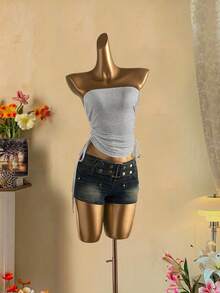 Attitoon Women's Casual Drawstring Tie-Front Cropped Tube Top Carnival - Light Grey - View 2