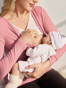 SHEIN Umstandsmode Geraffter Rundhals Langarm Strick Lässig Top - Pink - Übersicht 7