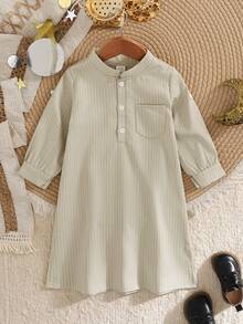 SHEIN Toddler Infant Baby Boys Traditional Casual Long Sleeve Stand Collar Button Half-Open Front Pocket Robe Top, Adjustable Sleeve Length, Side Slit Hem Design, Arabic Dishdasha, Islamic Clothing, Kaftan, Saudi Arabian Outfit, Robe, Boys White Kurta, Boys White School Thobe, Boys Kurtas, Basic Silhouette Suitable For Spring, Summer, Autumn, Winter,3M-3T - Khaki - View 3