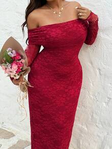 Flirla Đầm ren trễ vai màu trơn dành cho nữ cỡ lớn - Màu Đỏ Sâu - Xem 6