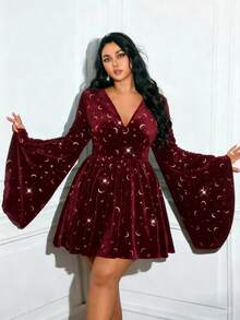 Viva Relle 大码V领性感丝绒箔片喇叭袖派对连衣裙 - 酒紅色 - 查看 1