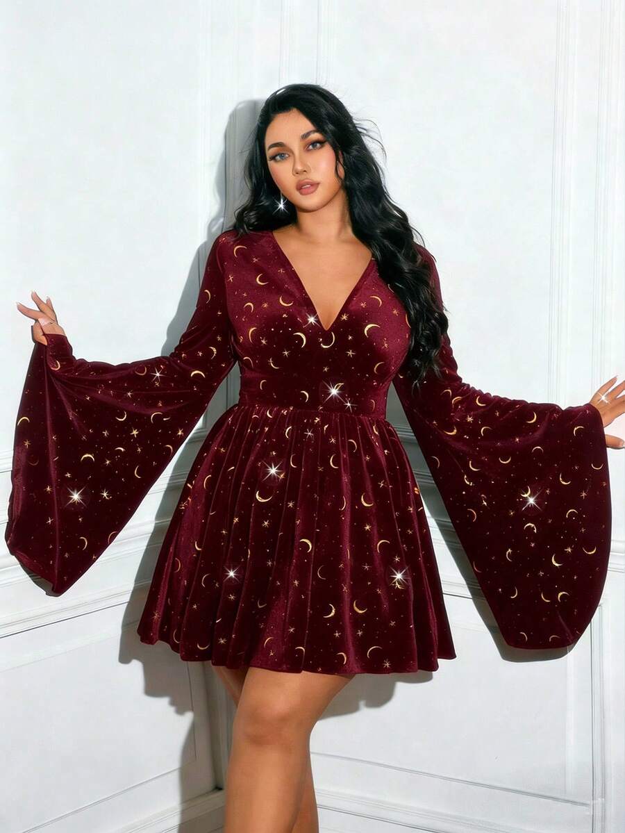 Viva Relle 大码V领性感丝绒箔片喇叭袖派对连衣裙 - 酒紅色 - 查看 1