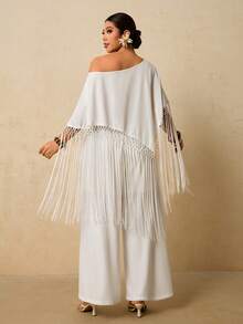 Travachic 大码斜肩流苏装饰宽松花卉两件套 - 白色 - 查看 2