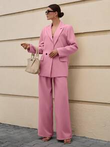 EURMUSE Women's Solid Color Notched Collar Single-Breasted Long Sleeve Jacket And Wide-Leg Pants Casual Business Suit Set - Dusty Pink - View 6