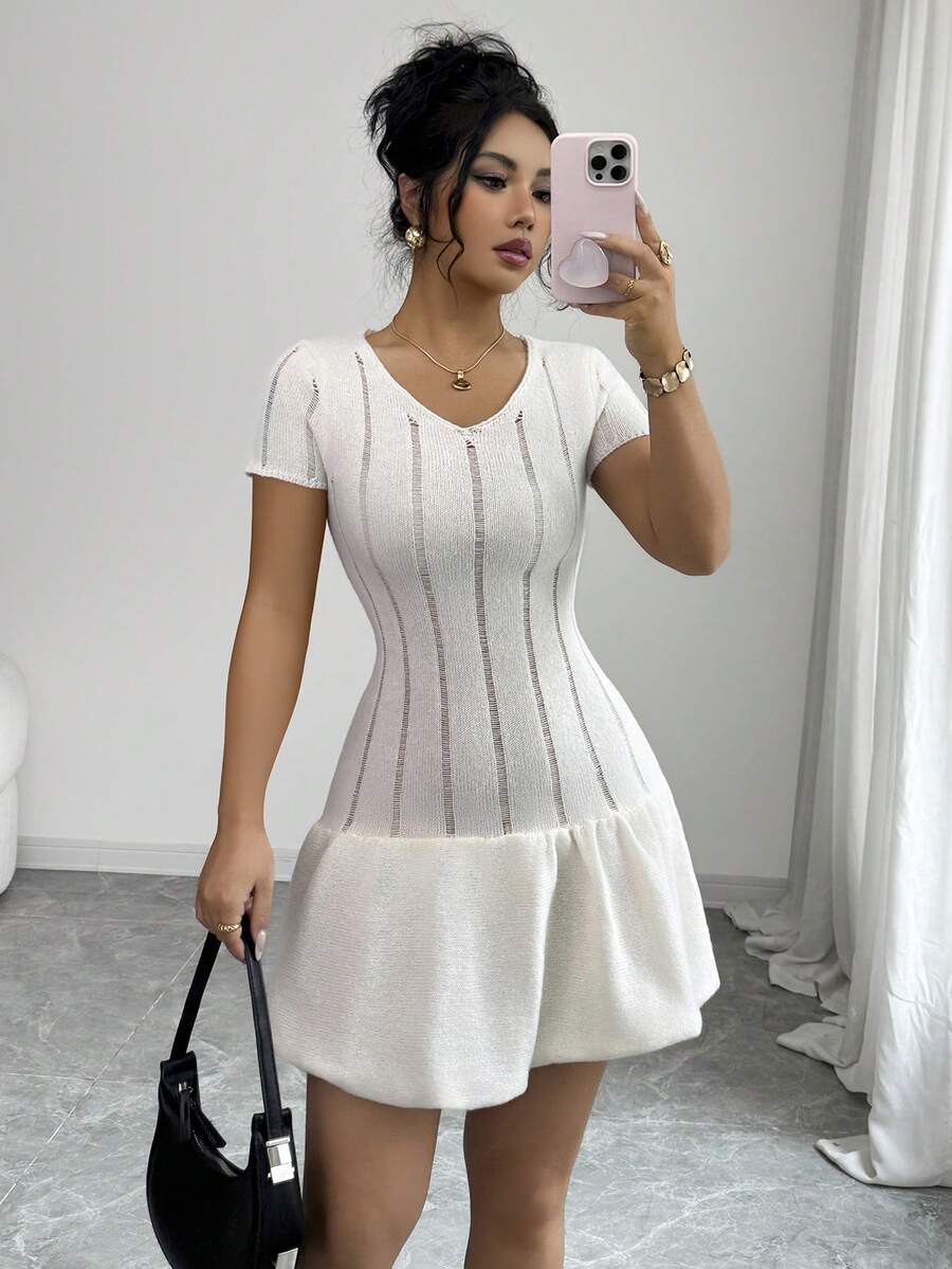 Elenzga 女士 Atmosphere 个性化镂空短袖针织连衣裙 - 杏色 - 查看 1