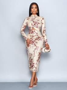 SOLERSUN 女士优雅简约印花镂空长袖连衣裙，适合浪漫情人节、生日、教堂礼拜、夜间外出、圣诞派对、秋冬季等场合。 - 杏色 - 查看 3