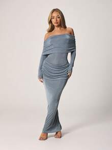MISSGUIDED Off Shoulder Bardot Slinky Maxi Dress With Long Sleeves Ruched Hip Drape Bodycon Evening Party Formal Occasion - Blue - View 1