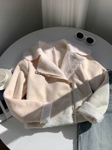 SHEIN EZwear Teddy Lined Zip Up Moto Jacket In Fall/Winter - Beige - View 6