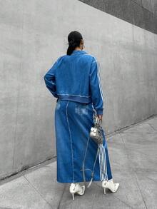 POPSWAY Setelan Jaket Lengan Lebar untuk Wanita Ukuran Plus + Gaun Bodycon dengan Tali Bahu Tipis untuk Musim Gugur - Biru - View 7