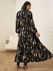 Lilora Elegantes Pendler-Maxikleid mit goldener Folien-Laternenärmel für Damen, raffinierte und elegante Outfits vom Frühling bis Sommer, Frühlingsoutfit für Damen - Schwarz - Übersicht 5