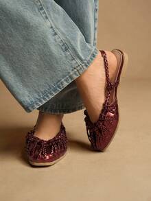 Rosivie Women's Flat Sandals, Gold Woven Strap Closed Toe Flat Shoes - Copper - View 6