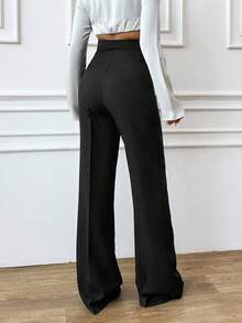 SHEIN 高个女式休闲纯色高腰直筒裤 - 黑色 - 查看 2