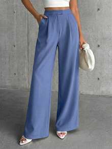 EURMUSE Fashionable & Versatile High Waist Wide Leg Solid Color Pants - Dusty Blue - View 4