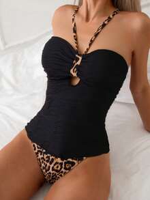 Swim Lushoire Women's Beach Vacation Textured Fabric Random Leopard Print Spaghetti Strap Camisole & Bikini Set - Multicolor - View 1