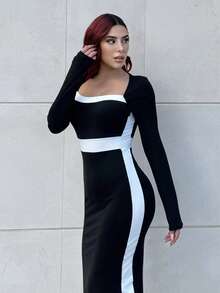 Bearsaez Square Neck Color Block Figure Hugging Sexy Women Dress Maxi Women Outfit Fall Cloth For Women - Black and White - View 4