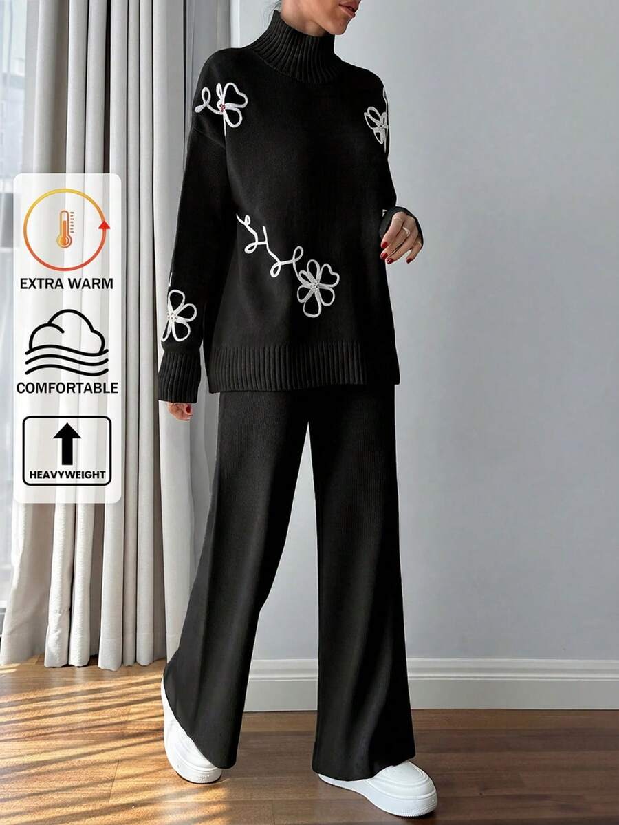 SHEIN Cottnline Women 3d Floral Embroidery Sweater Co-Ord Set - Black and White - View 1