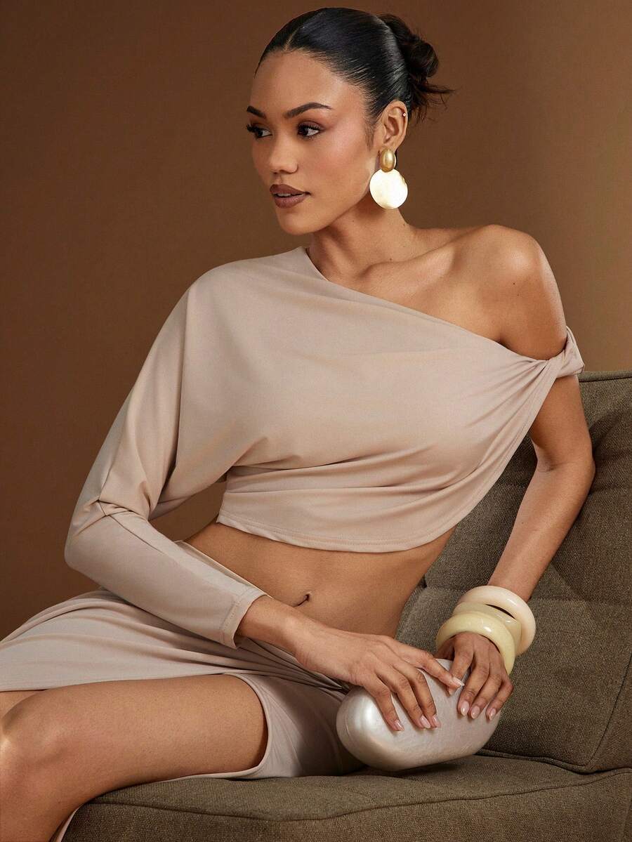 Hauture Áo dài tay nữ màu trơn, kiểu dáng lệch vai, thời trang, đa năng, thích hợp cho kỳ nghỉ. - Màu be - Xem 1