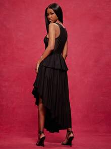 NYA SZN Đầm không tay bằng vải lưới, dáng ôm, chân váy bất đối xứng, vạt trước ngắn vạt sau dài, kiểu dáng suông, sọc đen, thích hợp cho lễ hội, tiệc tùng, thanh lịch, sang trọng, dài đến mắt cá chân. - màu đen - Xem 2