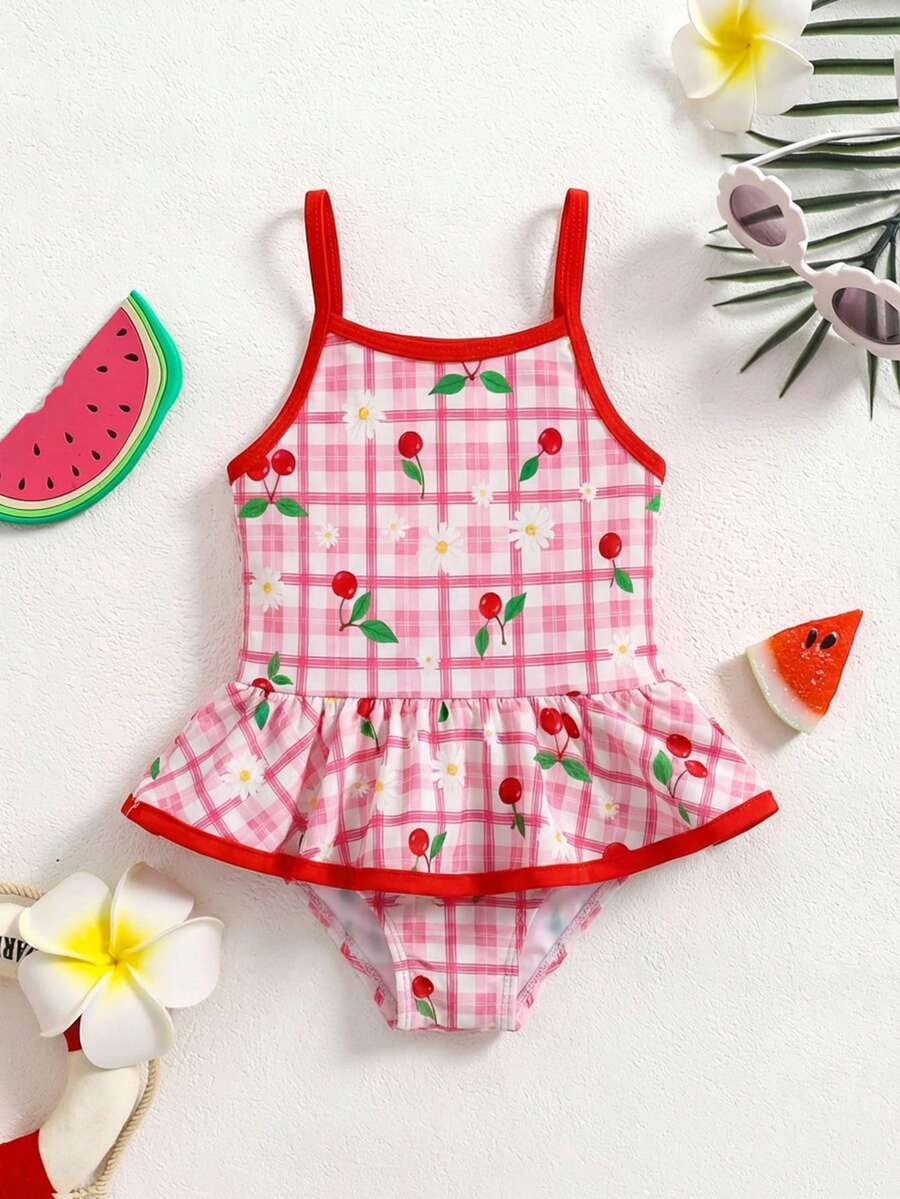 SHEIN Baby Girl Gingham & Cherry Blossom Print Ruffle One-Piece Swimsuit, Beach/Pool - Multicolor - View 1