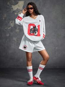 SHEIN How to Train Your Dragon Women's Casual Streetwear Everyday Commute Fashion Street Cartoon Number Print V-Neck Loose Sweatshirt And Shorts Set, Spring/Summer/Autumn Light Grey - Light Grey - View 1