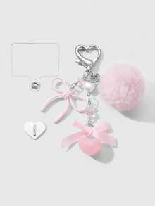 ROMWE Kawaii 1件甜美简约少女风白色仿珍珠、粉色仿水晶、镂空针织蝴蝶结、树脂爱心吊坠DIY钥匙扣、包包挂饰、杯挂、手机挂饰，附赠手机支架贴纸，适合女性和女孩，精美礼物