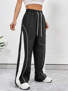 StreetHx 女式抽绳腰部双色休闲运动裤，带侧袋 - 黑色 - 查看 6