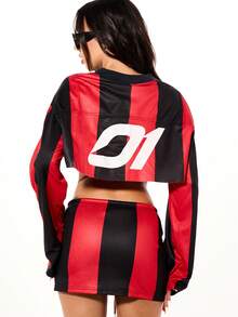 SUMWON WOMEN Cropped Football Jersey And Mini Skirt Two Piece Streetwear Set With Vertical Stripes And Long Sleeves - Multicolor - View 2