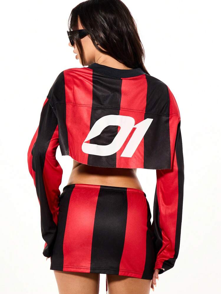 SUMWON WOMEN Cropped Football Jersey With Striped Mini Skirt Set