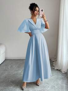 Elenzga New Women's Collared Waist Pleated Chiffon Patchwork Ruffle Sleeve Design Casual Vacation Everyday Elegant Dress - Baby Blue - View 6