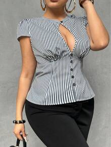 POPSWAY Plus Size Women Casual Hollow Out Sexy Short Sleeve Fitted Shirt For Outing & Vacation - Multicolor - View 6