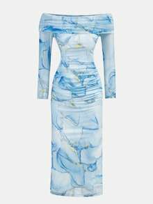 SHEIN Tween Girls Snug Fit Casual Minimalist Comfortable Off-Shoulder Cinched Waist Midi Dress - Baby Blue - View 2