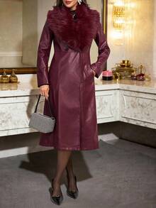 Amorya New Year Clothes,Women's Elegant High-End Cinched Waist Detachable Faux Fur Collar PU Jacket, Autumn/Winter Women's Winter Clothes  New Year Clothes  Christmas Women's Clothing Christmas - Burgundy - View 5