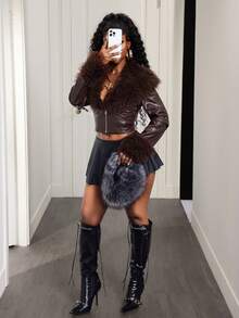 BamGleam Áo khoác lông giả thời trang thường ngày dành cho nữ - Cà phê nâu - Xem 4