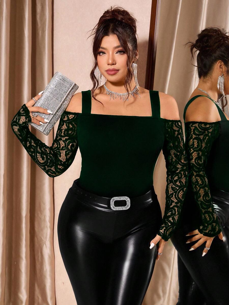 Cravure Áo hai dây trễ vai phối ren thanh lịch dành cho nữ cỡ lớn - Màu xanh lá cây đậm - Xem 1