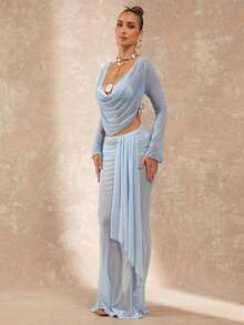 Lumalex Váy che nắng đi biển gợi cảm, chất liệu chiffon màu xanh nhạt, thiết kế bất đối xứng, xếp ly bên hông và rủ xuống phía trước, có chi tiết bèo nhún mềm mại ở eo, xuyên thấu, thích hợp cho du lịch biển, mùa xuân hè. - Màu xanh lam - Xem 5