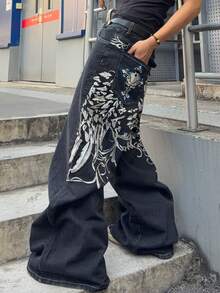 ROMWE MEN Spring Casual Graphic Men'S Embroidered Pocket Loose Fit Wide Leg Jeans - Black - View 4