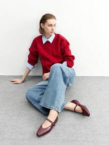 CUCCOO BIZCHIC 女士方头平底巧克力色金属扣套脚平底鞋，舒适休闲玛丽珍鞋，适合搭配连衣裙 - 酒紅色 - 查看 6