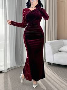 Feyla Fitted Long Burgundy Party Dress With Sequins And Ruched Velvet, Long Sleeves And V Neck Christmas Dresses For Women - Burgundy - View 4