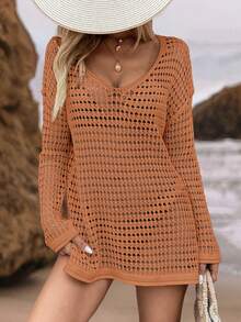 EMERY ROSE Vestido de playa de punto holgado con diseño calado para mujer, ideal para vacaciones y tiempo libre en verano - Naranja Quemada - Ver 5