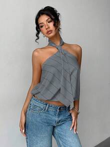 Flirla Women's Fashionable Sexy Striped Halter Backless Top - Grey - View 3