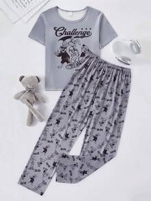 2pcs/Set Teenage Boys' Casual Cartoon Print Loose Fit Long Pants And Short Sleeve Loungewear Set - Grey - View 3