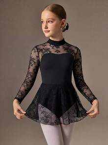 SHEIN 少女运动紧身衣，适合芭蕾舞、返校、校园锻炼、训练、比赛和休闲穿着。时尚弹力网眼长袖设计，舒适有弹性，是理想的舞蹈运动服。 - 黑色 - 查看 5