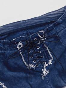 ROMWE Grunge Punk Quần jean ống loe bó sát Y2K khoét lỗ buộc dây trang trí cỡ lớn, quần denim thường ngày cho ngày lễ Giáng sinh - Rửa trung bình - Xem 4