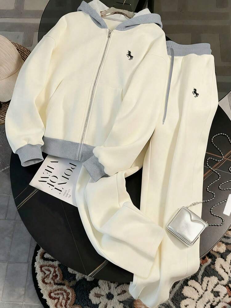 Resyla 2 Peças Conjunto de Moletom com Capuz Bordado de Centauro Feminino e Calça Pantalona com Cordão - Damasco - Visão 3
