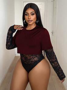 Maweii 大码女式休闲蕾丝拼接连体衣 - 酒紅色 - 查看 1