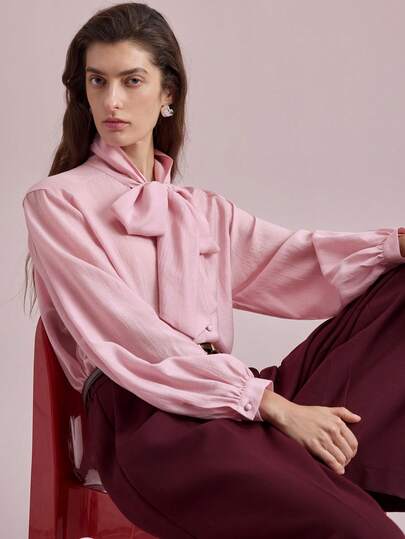 Ontre 2026 Spring/Summer New Women's Pink Viscose Crepe Blouse With Oversized Bow Decor, Elegant Casual Bohemian Style For Holidays, Vacations, Weddings, Spring