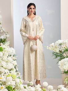 Al Najma 女士V领全印花喇叭袖开襟休闲宽松阿拉伯风格连衣裙 - 彩色 - 查看 3